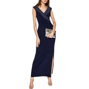 Lauren Ralph Lauren Women's Sleeveless Portrait-Collar Draped Gown NAVY Size 10
